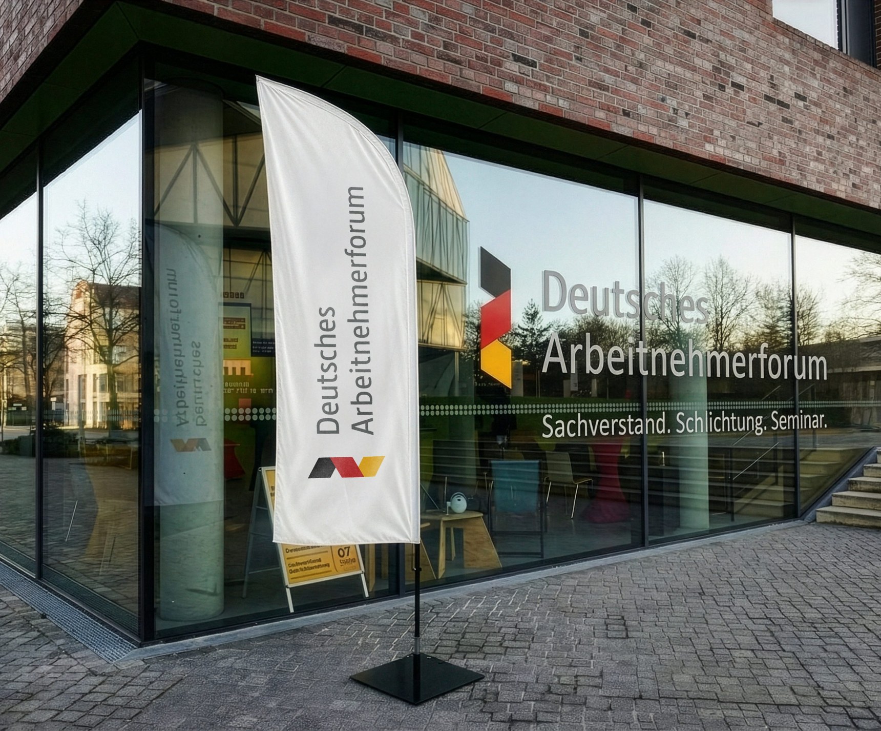 Büro des Deutschen Arbeitnehmerforums mit Fahne vor dem Gebäude